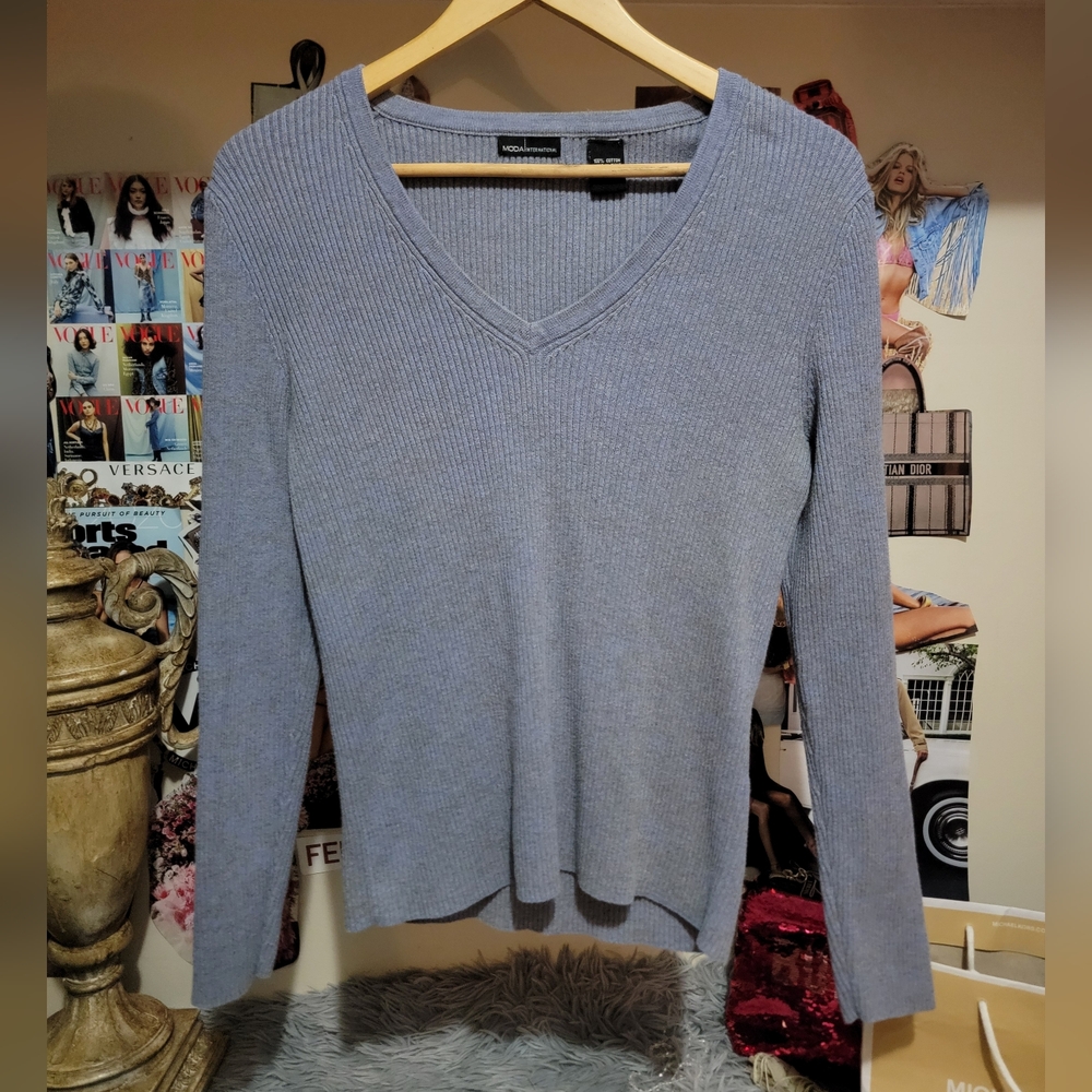 Moda International Blue/Gray Ribbed Knit Long Sleeve Large 100% Cotton